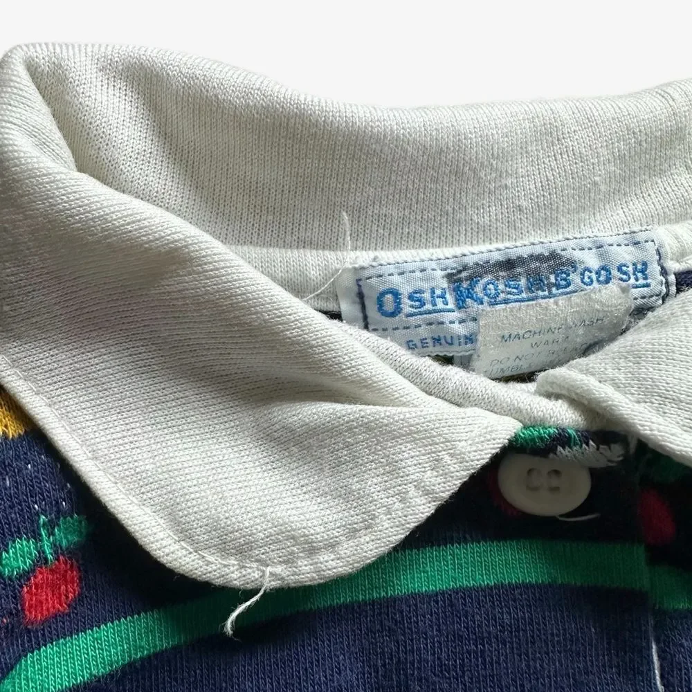 Vintage OshKosh B’gosh Girls Polo Shirt 6X Navy Fruit Print Peter Pan Collar